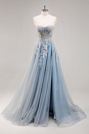 Dusty Blue A Line Strapless Corset Beaded Long Prom Dress with Slit